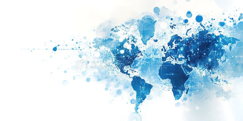 Reprezentare artistică a unei hărți mondiale în tonuri albastre, cu tipare circulare și texturi care transmit o hartă modernă și stock illustration