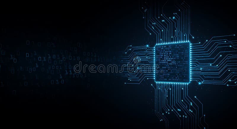 Reprezentare digitală abstractă a unui microcip strălucitor pe un fundal întunecat. La stock illustration