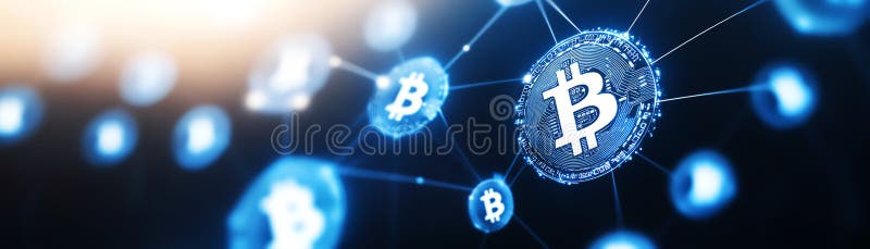 Reprezentare digitală a rețelelor de criptare a monedelor cu simboluri bitcoin conectate de noduri într-un design abstract de înal royalty free illustration