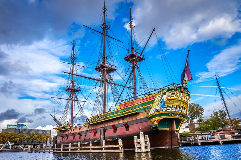 Full size replica of the 8th-century ship Amsterdam of the VOC, Dutch East India Company, built in 1990 and moored at the Maritime Museum in Amsterdam. Full size replica of the 8th-century ship Amsterdam of the VOC, Dutch East India Company, built in 1990 and moored at the Maritime Museum in Amsterdam