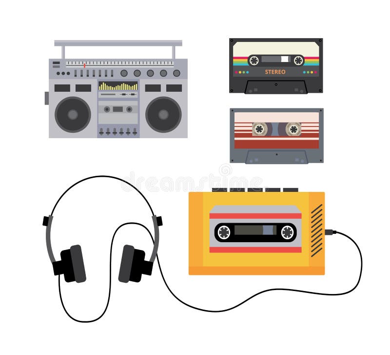 Reproductor De Cassette Con Audífonos, Ilustración Vectorial Plana