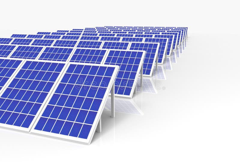 Reproduktion 3d. Solarzellenplattenfeld-Bauernhofindustrie des Generatorsystems der elektrischen Energie auf weißem Hintergrund. vektor abbildung
