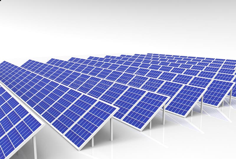Reproduktion 3d. Solarzellenplattenfeld-Bauernhofindustrie des Generatorsystems der elektrischen Energie auf weißem Hintergrund. stock abbildung