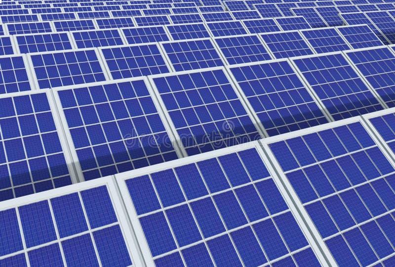 Reproduktion 3d. Solarzellenplattenfeldbauernhof-Industriehintergrund des Generatorsystems der elektrischen Energie. lizenzfreie abbildung