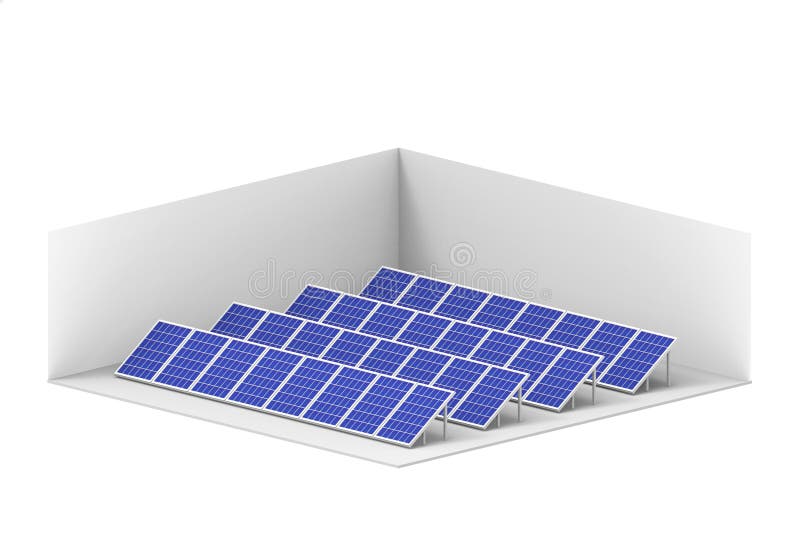Reproduktion 3d. Solarzellenplattenfeldbauernhofindustriesimulator-Raumkasten des Generatorsystems der elektrischen Energie mit Be vektor abbildung