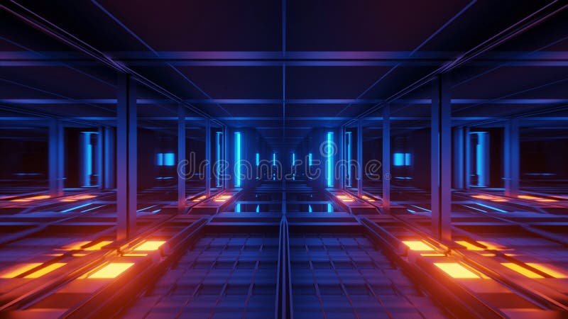 Reproduktion des abstrakten futuristischen Hintergrunds mit leuchtenden blauen und Orange Neonlichtern lizenzfreie abbildung