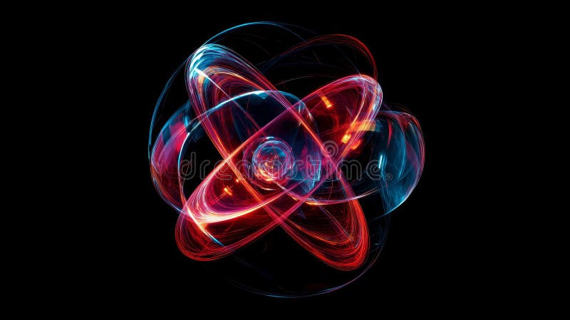 Représentation 3d captivante d'un atome avec des électrons rotatifs en mouvement dynamique photos libres de droits