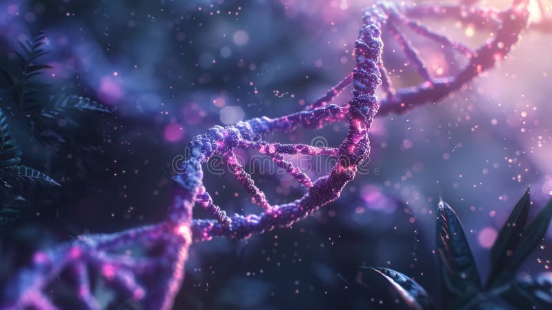 Représentation stylisée d'une double hélice dna dans une représentation très détaillée vibrante et brillante contre un dna bokehlit foncé