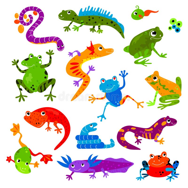 Reptile vector animal reptilian amphibian froggy character lizard turtle iguana and chameleon pet illustration set of