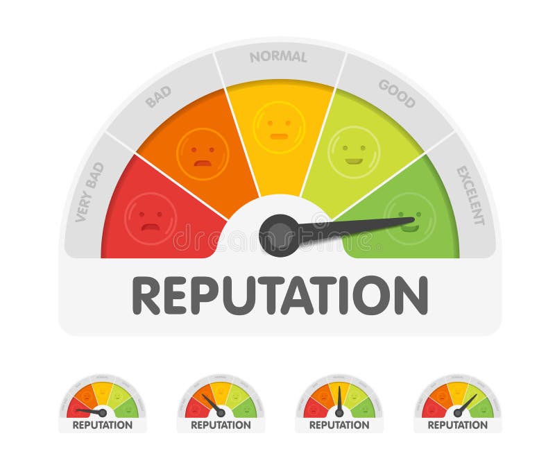 Reputation meter withdifferent emotions. Measuring gauge indicator vector illustration. Black arrow in coloured chart royalty free illustration Reputation meter withdifferent emotions. Measuring gauge indicator vector illustration. Black arrow in coloured chart royalty free illustration