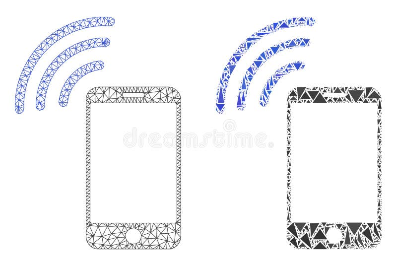Res muerta poligonal Mesh Cellphone Signal e icono del mosaico. Señal del teléfono móvil del vector de la malla con el icono plano del mosaico aislado en un fondo blanco Las líneas, los triángulos, y los puntos abstractos forman iconos de la señal del teléfono móvil