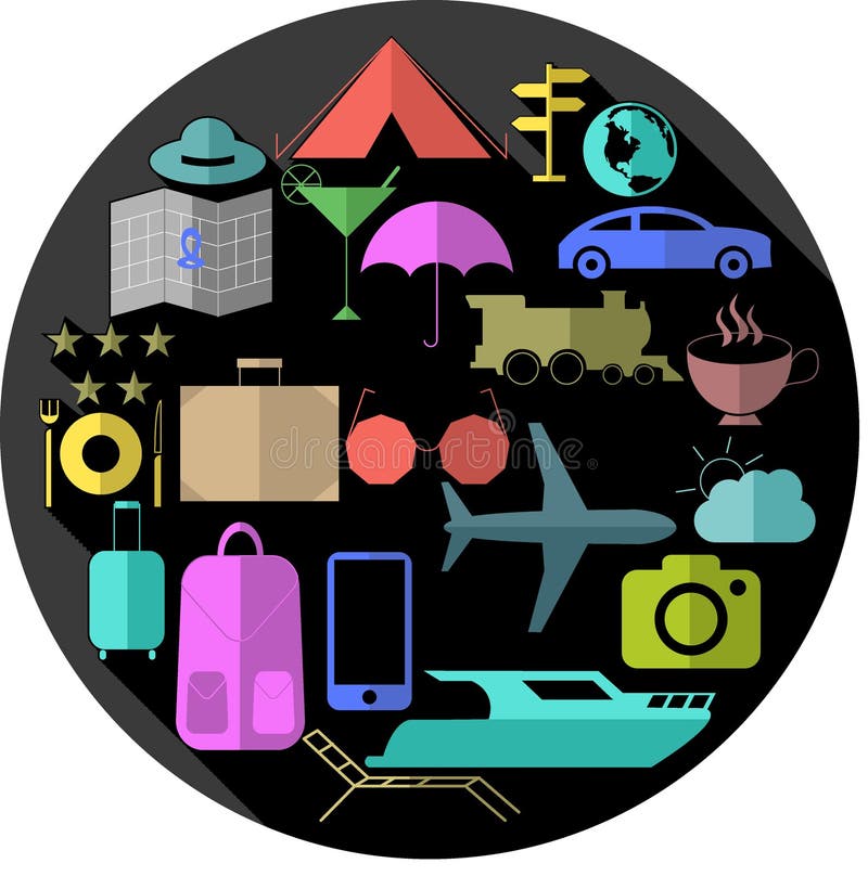 Resa mångfärgade uppsättningsymboler i grå färgcirkel med lång skugga stock illustrationer Resa mångfärgade uppsättningsymboler i grå färgcirkel med lång skugga stock illustrationer
