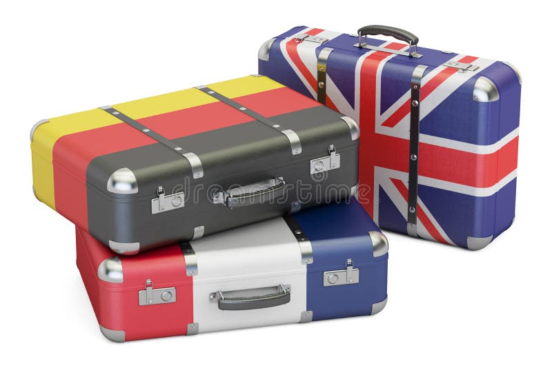 Resa runt om det Europa begreppet, resväskor med flaggor av UK, tysk vektor illustrationer Resa runt om det Europa begreppet, resväskor med flaggor av UK, tysk vektor illustrationer