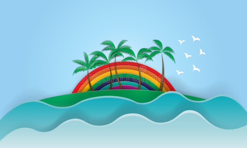 Resaca y palma maravillosas del verano del lema de la puesta del sol del arco iris de California ilustración del vector Resaca y palma maravillosas del verano del lema de la puesta del sol del arco iris de California ilustración del vector