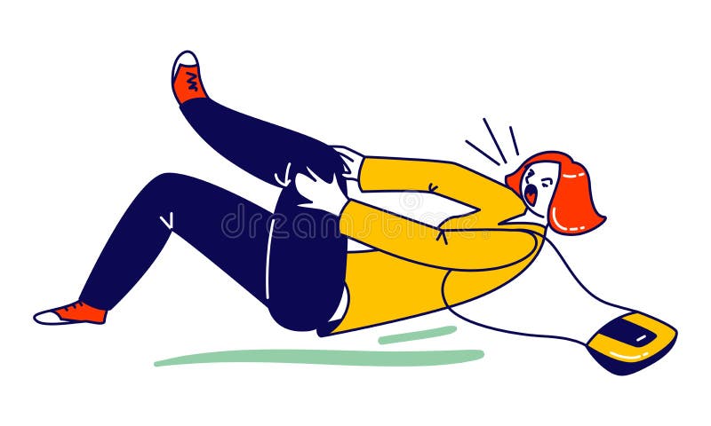 Danger Accident, Slip and Stumble. Female Character Slipping and Falling on Wet Floor Puddle. Woman Lying on Floor Crying of Pain in Leg. Person Safety, Dangerous Trauma. Linear Vector Illustration. Danger Accident, Slip and Stumble. Female Character Slipping and Falling on Wet Floor Puddle. Woman Lying on Floor Crying of Pain in Leg. Person Safety, Dangerous Trauma. Linear Vector Illustration