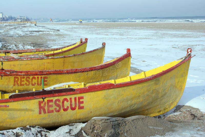 Rescue boats on frozen beach