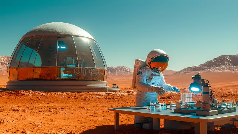Research base on Mars: sealed dome, red dust behind glass royalty free illustration