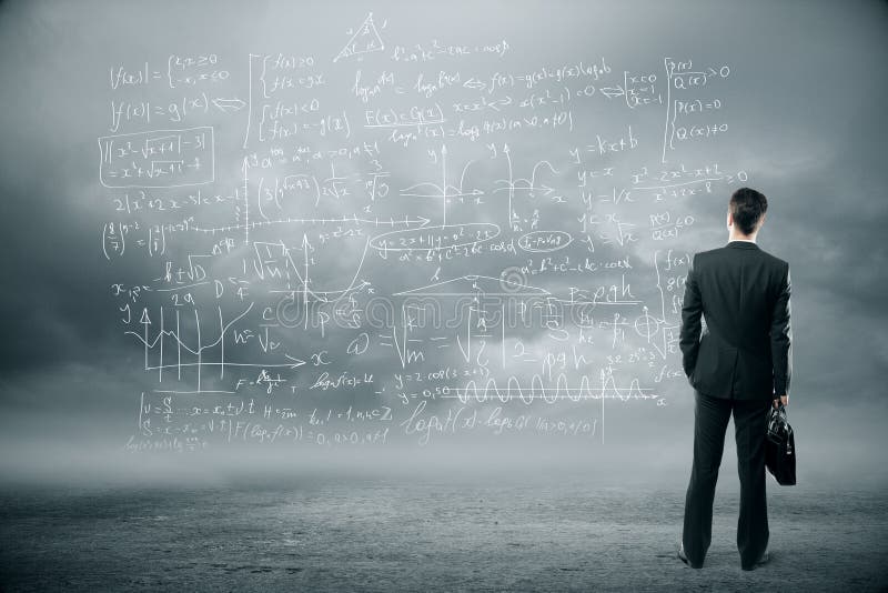 Research concept with businessman looking at abstract mathematic formulas on stormy weather background. Diagram marketing research concept stock images, royalty-free photos and pictures
