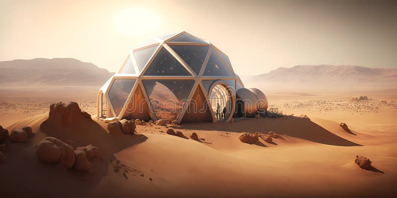 Research facility on Mars. Futuristic dome in martian desert-like landscape royalty free illustration