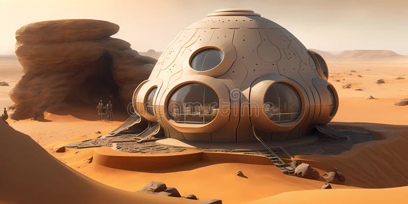 Research facility on Mars. Futuristic dome in martian desert-like landscape royalty free illustration