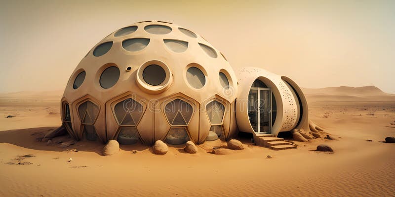 Research facility on Mars. Futuristic dome in martian desert-like landscape royalty free illustration