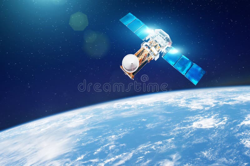 Research, probing, monitoring of in atmosphere. Communications satellite in orbit above the surface of the planet Earth. Elements royalty free stock images Research, probing, monitoring of in atmosphere. Communications satellite in orbit above the surface of the planet Earth. Elements royalty free stock images