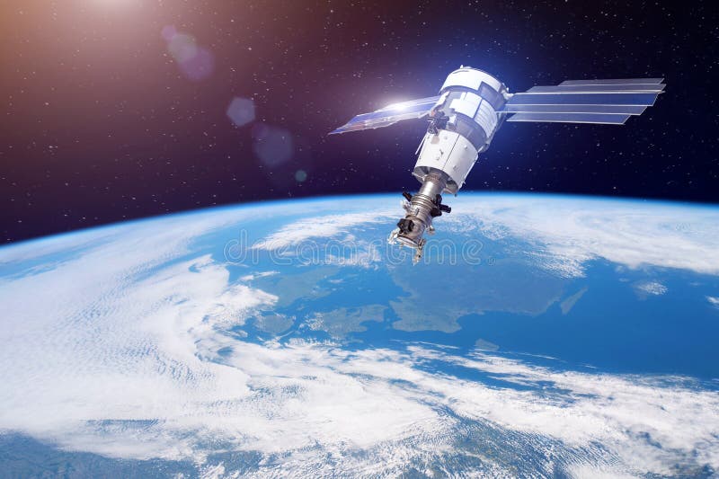 Research, probing, monitoring of in atmosphere. Satellite for monitoring the weather in the polar orbit above the Earth. Elements stock images Research, probing, monitoring of in atmosphere. Satellite for monitoring the weather in the polar orbit above the Earth. Elements stock images
