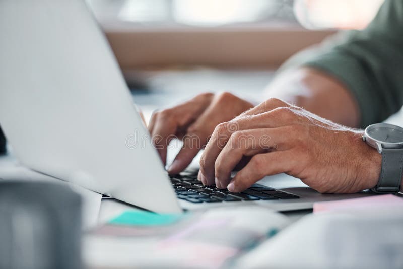 Research, typing and hands of man on laptop for article, review or online report for business development. Computer stock image