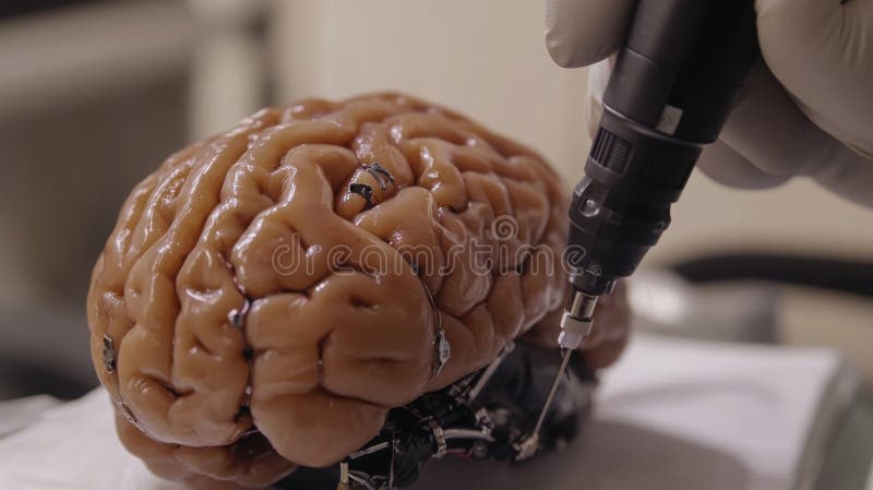 A researcher analyzes a brain model using advanced technology in a laboratory setting stock image