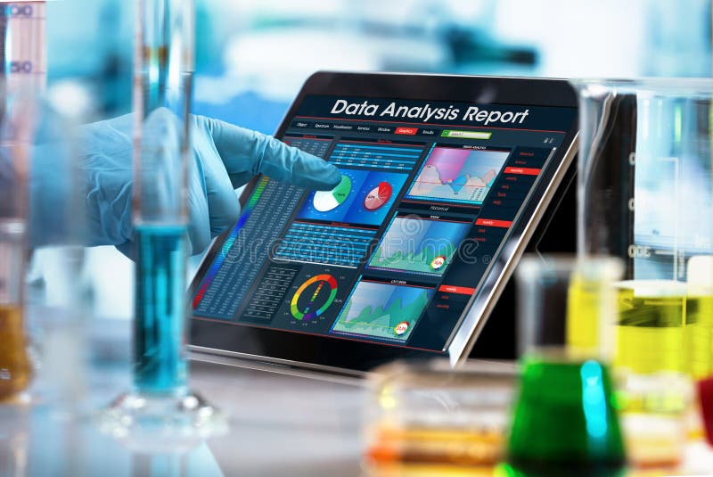 Researcher working with data analysis report in digital tablet o