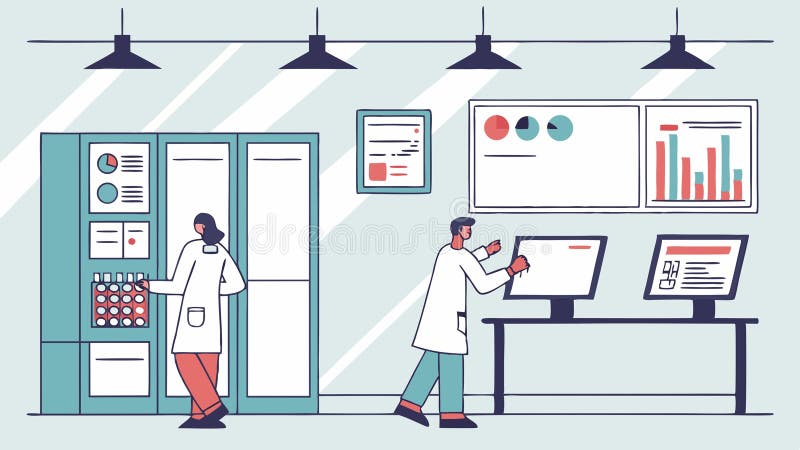 Researchers collaborating in a brightly lit, modern scientific lab, vector design Generative AI stock illustration