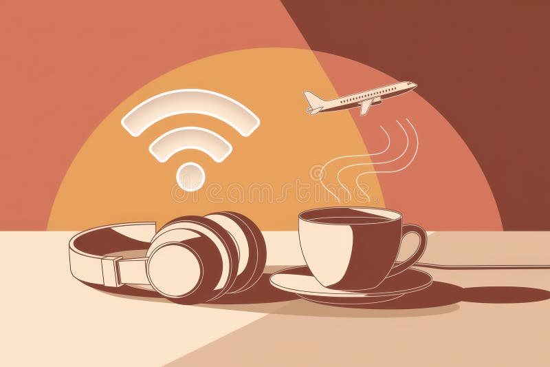 Resefrågor : hörlurar kaffepwifi och flygplan i varma toner vektor illustrationer