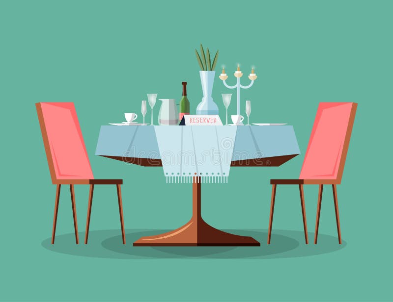 Reserverad modern restaurangtabell med bordduken, stearinljus i ljusstaken, växt, vinglas, reservationstabletoptecken royaltyfri illustrationer