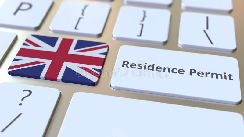 Residence Permit text and flag of Great Britain on the buttons on the computer keyboard. Immigration related conceptual