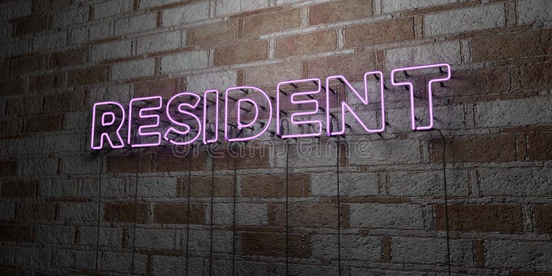 RESIDENT - Glowing Neon Sign on stonework wall - 3D rendered royalty free stock illustration vector illustration