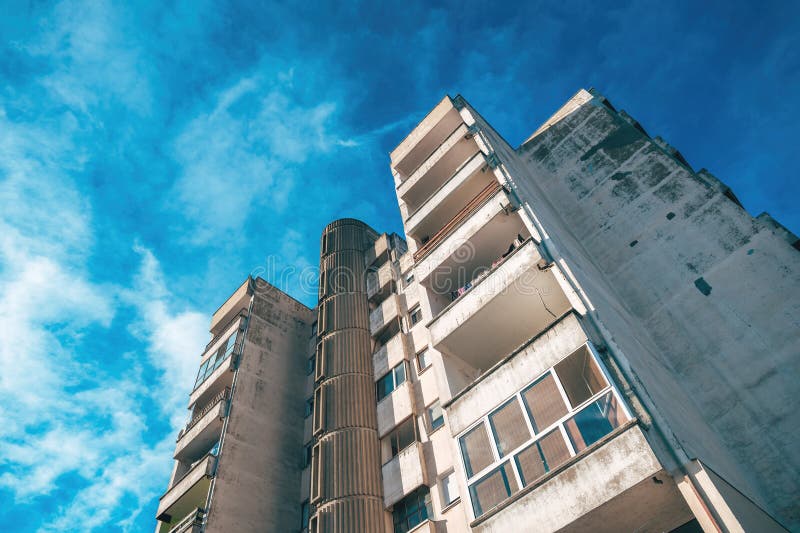 Residential skyscraper building from 1980s as fine example of brutalist architecture style stock photos