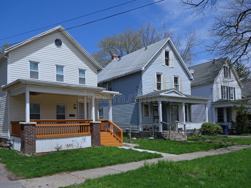 Residential street with modest detached houses