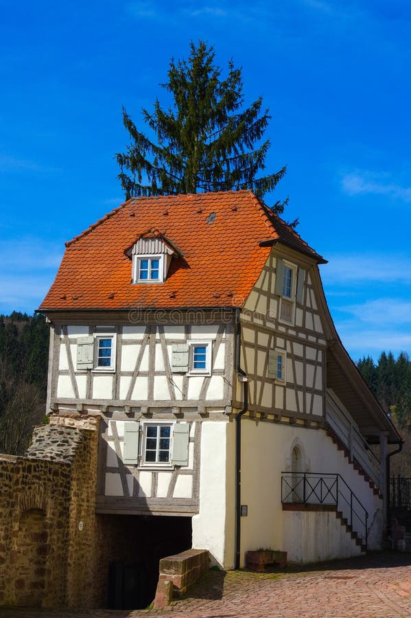 Residential tudor style house with blue sky in background