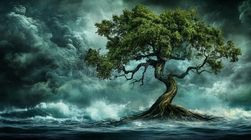 Resilience A Lone, Ancient Tree Stands Strong Amidst a Tempestuous Sea and Stormy Sky royalty free illustration