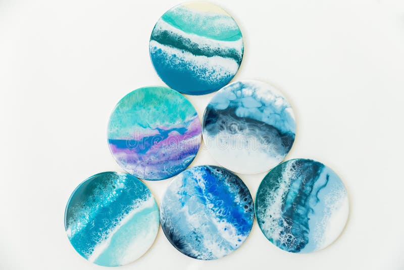Resin Art Plates with Bright Turquoise and Blue Colors on White