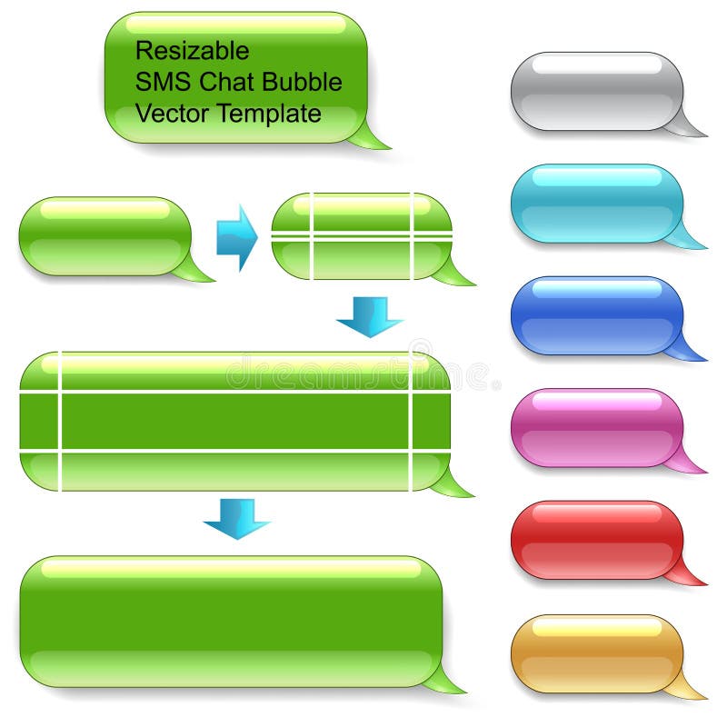 Resizable SMS chat template isolated on white background. Select appropriate anchor points by Direct selection tool and drag to dimensions you wish. Different color variants included.