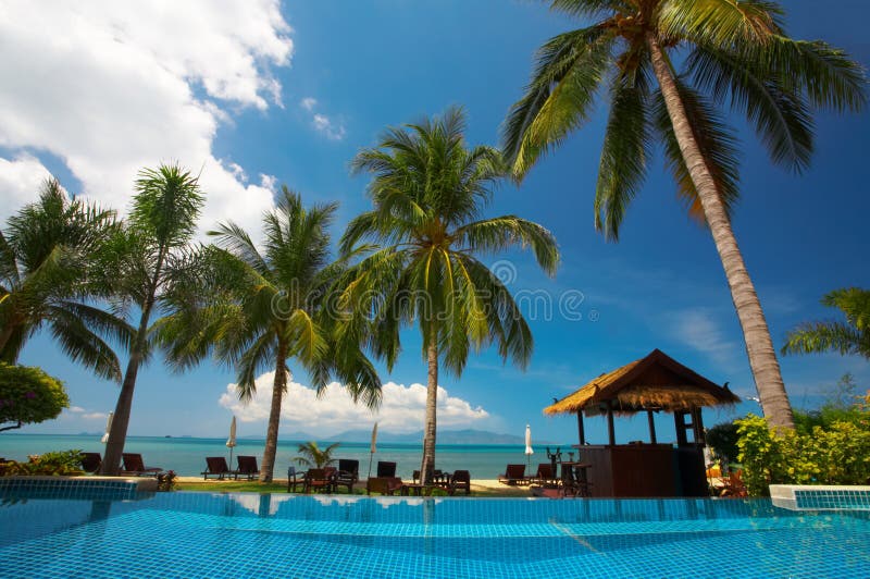 View of tropical resort swimming pool scene early in the morning