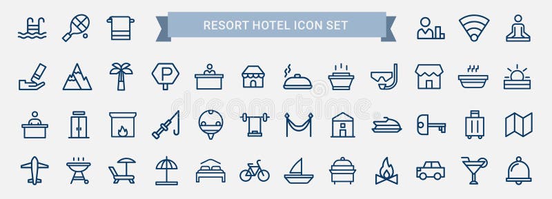 Resort hotel line art zestaw udogodnień restauracja recepcja parking górski ilustracji