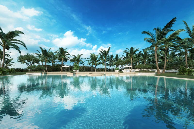 Resort style Large swimming pool in a tropical setting. Photo realistic 3d rendered scene.