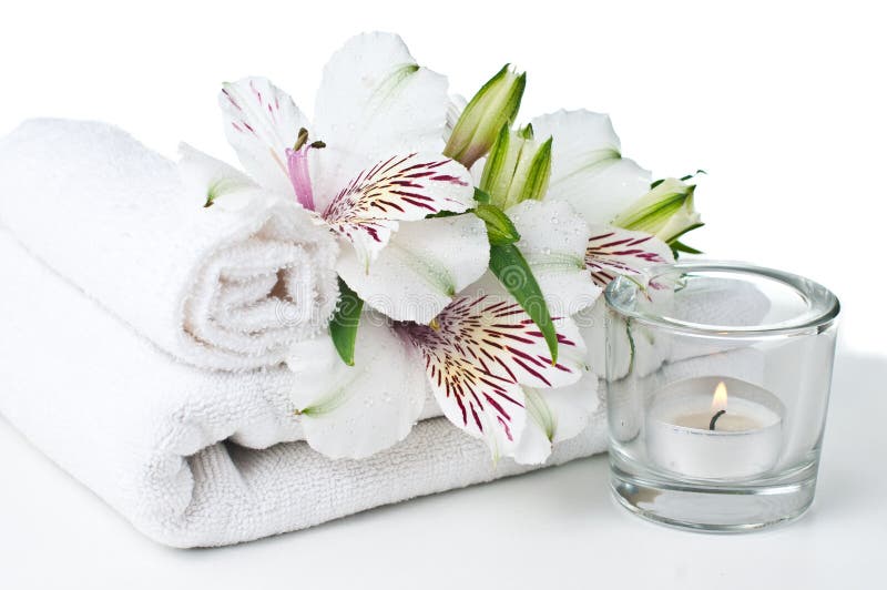 Resources for Spa, White Towel, Candle and Flower Stock Image Image