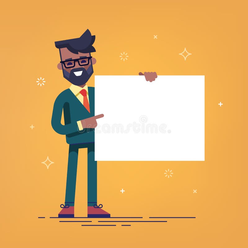 Responsabile afroamericano con la barba in vestito convenzionale che tiene un foglio bianco e che indica dal dito indice Vettore illustrazione di stock Responsabile afroamericano con la barba in vestito convenzionale che tiene un foglio bianco e che indica dal dito indice Vettore illustrazione di stock
