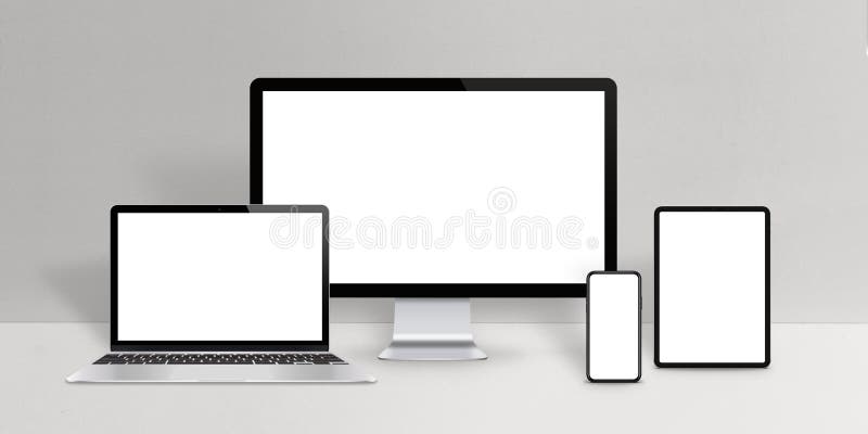 Responsive design devices mockup. Laptop, computer display, phone and tablet with isolated screen