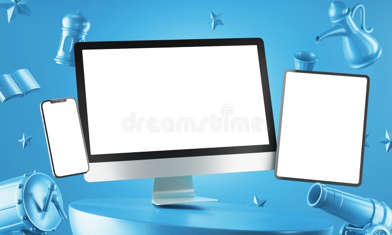 Responsive empty smartphone tablet computer white isolated screen mockup on floating blue 3d podium asymmetry composition creative royalty free stock image