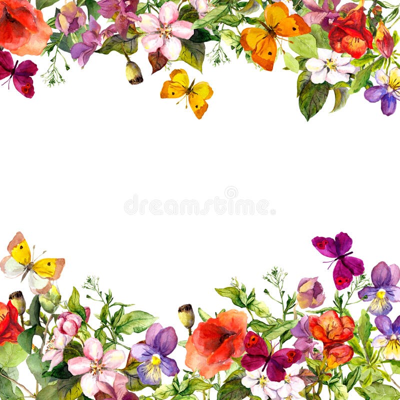 Ressort, jardin d'été : fleurs, herbe, herbes, papillons Configuration florale watercolor