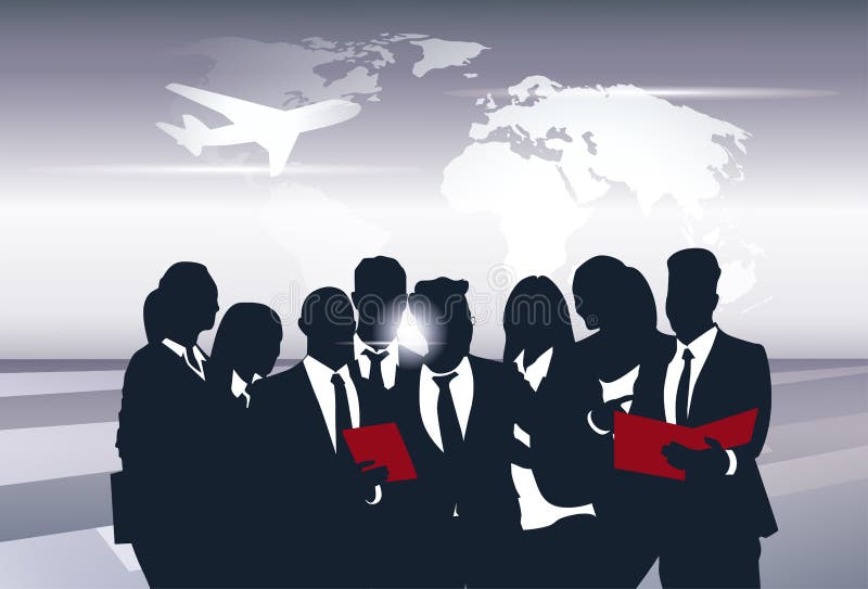 Ressources de Team Silhouette Businesspeople Group Human d'affaires au-dessus de concept de vol de voyage de carte du monde illustration libre de droits Ressources de Team Silhouette Businesspeople Group Human d'affaires au-dessus de concept de vol de voyage de carte du monde illustration libre de droits